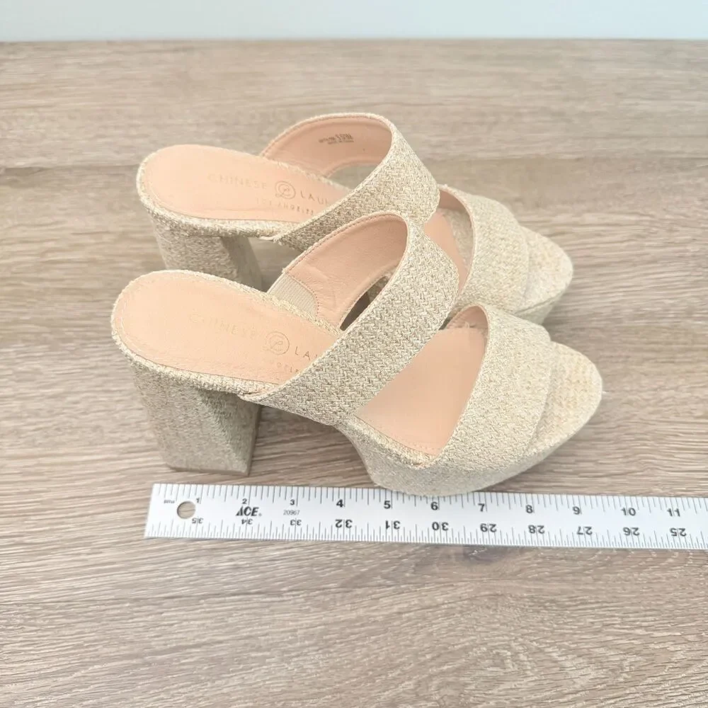 Chinese Laundry Raffia Platform Mule Sandals Womens Size 6.5 Beige Block Heel - Picture 8 of 10